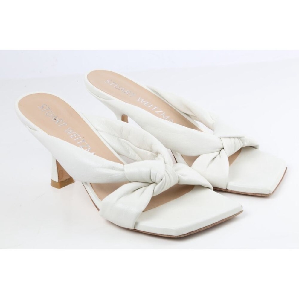 Stuart Weitzman Playa White Knotted Leather Mule Heels